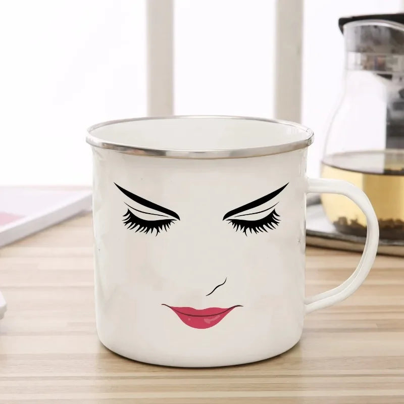 Creative Game Inspired Woman Face Enamel Mug Funny Man Enamel Coffee Mugs Cute Gamer Birthday Gift Back to School Decorate Cup