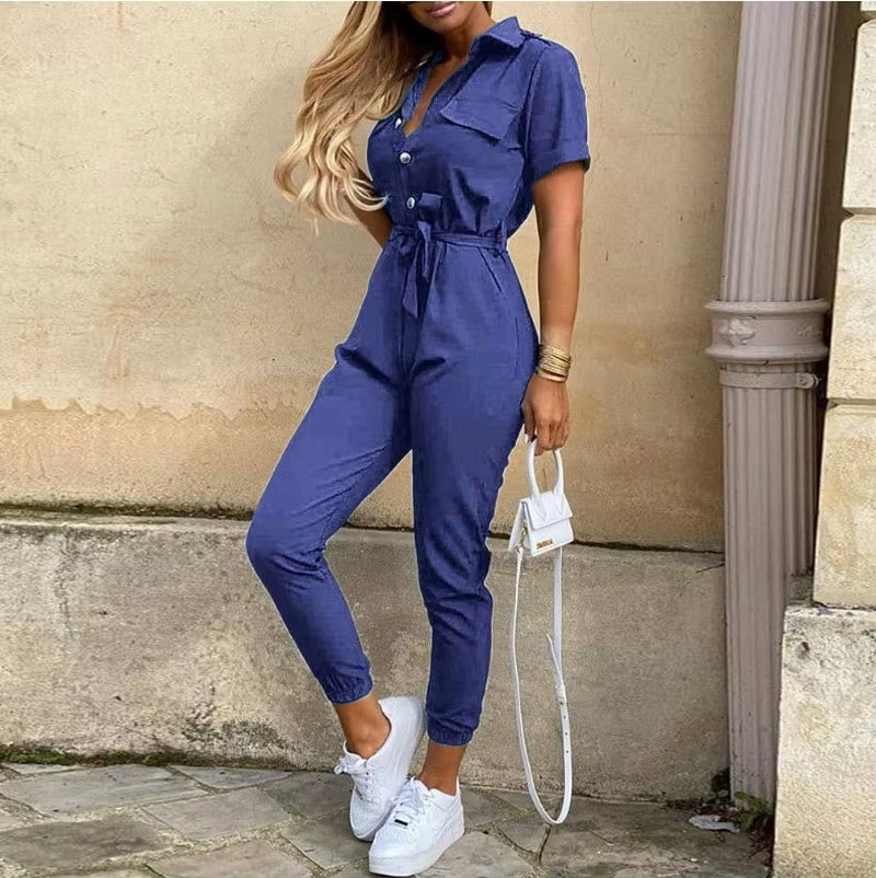 2024 Spring/Summer Women'S Fashion, Elegant and Elegant Commuter Casual Lapel, Printed Belt, Work Dress Jumpsuit