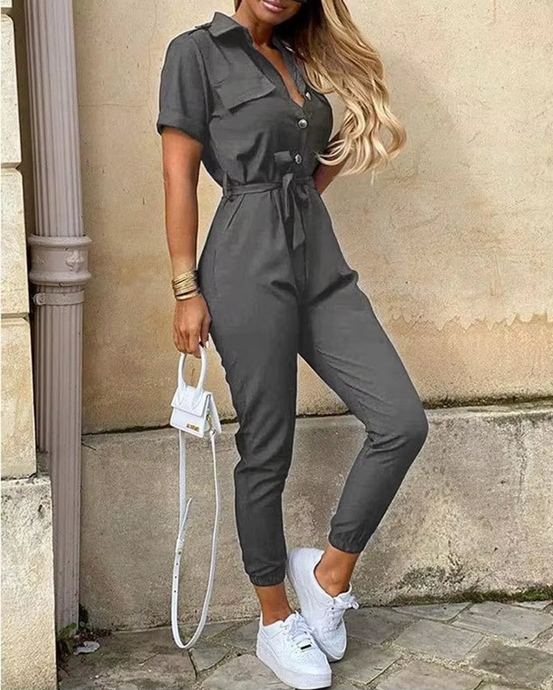2024 Spring/Summer Women'S Fashion, Elegant and Elegant Commuter Casual Lapel, Printed Belt, Work Dress Jumpsuit