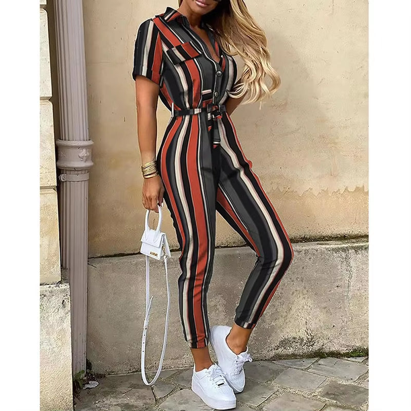 2024 Spring/Summer Women'S Fashion, Elegant and Elegant Commuter Casual Lapel, Printed Belt, Work Dress Jumpsuit