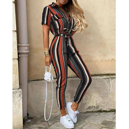 2024 Spring/Summer Women'S Fashion, Elegant and Elegant Commuter Casual Lapel, Printed Belt, Work Dress Jumpsuit