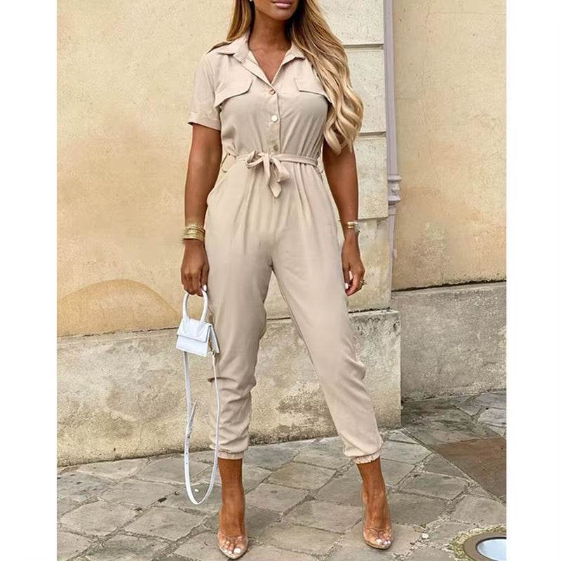 2024 Spring/Summer Women'S Fashion, Elegant and Elegant Commuter Casual Lapel, Printed Belt, Work Dress Jumpsuit
