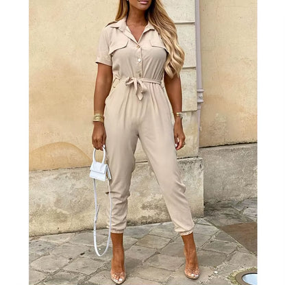 2024 Spring/Summer Women'S Fashion, Elegant and Elegant Commuter Casual Lapel, Printed Belt, Work Dress Jumpsuit