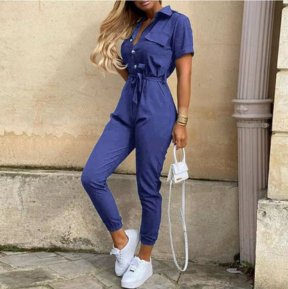 2024 Spring/Summer Women'S Fashion, Elegant and Elegant Commuter Casual Lapel, Printed Belt, Work Dress Jumpsuit