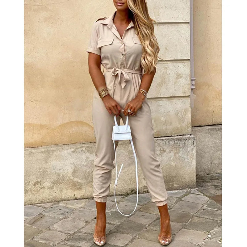 2024 Spring/Summer Women'S Fashion, Elegant and Elegant Commuter Casual Lapel, Printed Belt, Work Dress Jumpsuit