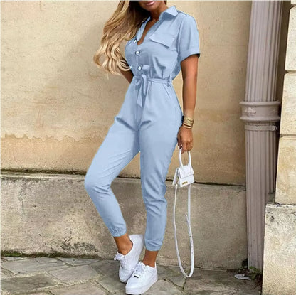 2024 Spring/Summer Women'S Fashion, Elegant and Elegant Commuter Casual Lapel, Printed Belt, Work Dress Jumpsuit