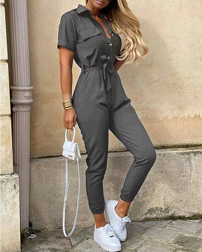 2024 Spring/Summer Women'S Fashion, Elegant and Elegant Commuter Casual Lapel, Printed Belt, Work Dress Jumpsuit