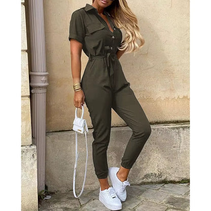 2024 Spring/Summer Women'S Fashion, Elegant and Elegant Commuter Casual Lapel, Printed Belt, Work Dress Jumpsuit