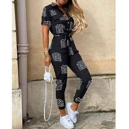 2024 Spring/Summer Women'S Fashion, Elegant and Elegant Commuter Casual Lapel, Printed Belt, Work Dress Jumpsuit